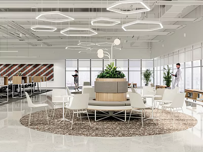 Modern Casual Area With Circular Layout White Chairs Central Green Plant And Hexagonal Pendant Lights 3d model