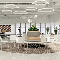 Modern Casual Area With Circular Layout White Chairs Central Green Plant And Hexagonal Pendant Lights