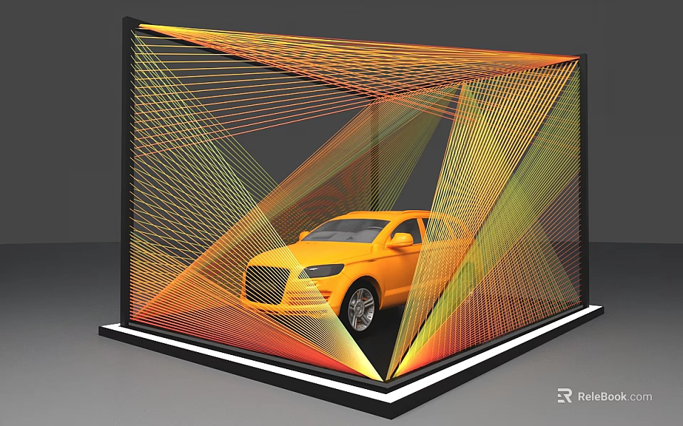 Modern Display Cabinet Shelf Showcasing Yellow Car With Mesh Design And Lighting Effects 3d model 