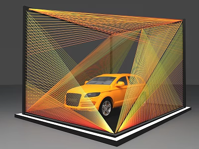 Modern Display Cabinet Shelf Showcasing Yellow Car With Mesh Design And Lighting Effects 3d model