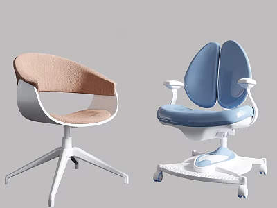 Modern Kids Chair With Blue Beige Upholstery Curved Back And Rolling Wheels 3d model