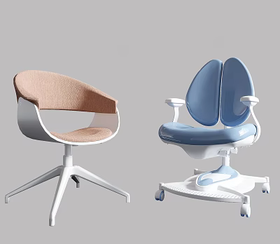 Modern Kids Chair With Blue Beige Upholstery Curved Back And Rolling Wheels 3d model