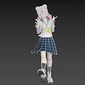 Anime Woman With Pink Hair White Top Green Scarf In Happy Dancing Pose Pink Background