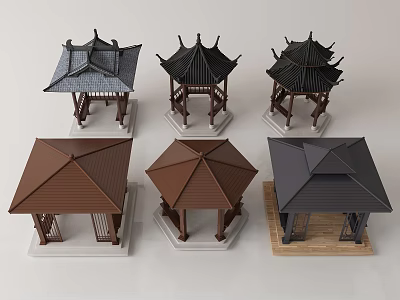 Traditional Pavilion Models With Sloped Roofs Different Colors And Wooden Bases 3d model