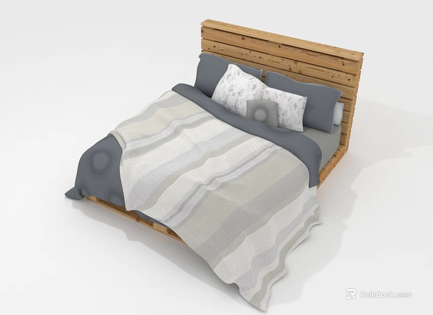 Natural Wood Headboard Bed with Gray Beige Striped Quilt and Pillows for Multiple People 3d model 