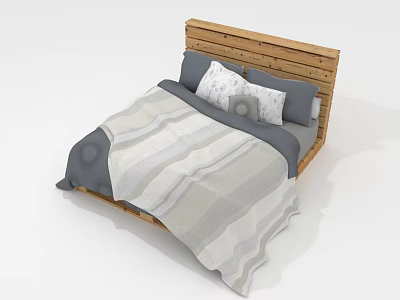 Natural Wood Headboard Bed with Gray Beige Striped Quilt and Pillows for Multiple People 3d model
