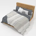 Natural Wood Headboard Bed with Gray Beige Striped Quilt and Pillows for Multiple People