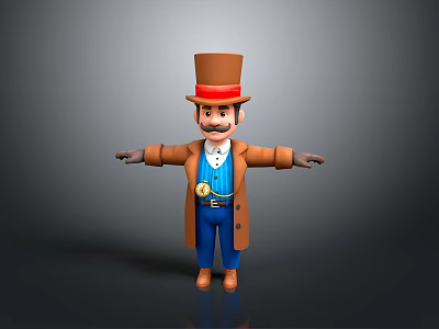 3D Cartoon Character Wearing Top Hat Brown Coat Red Bow Tie And Pocket Watch 3d model