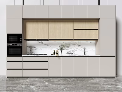 Modern Kitchen Sideboard With Light Wood Cabinets Marble Countertop And Decorative Plant 3d model