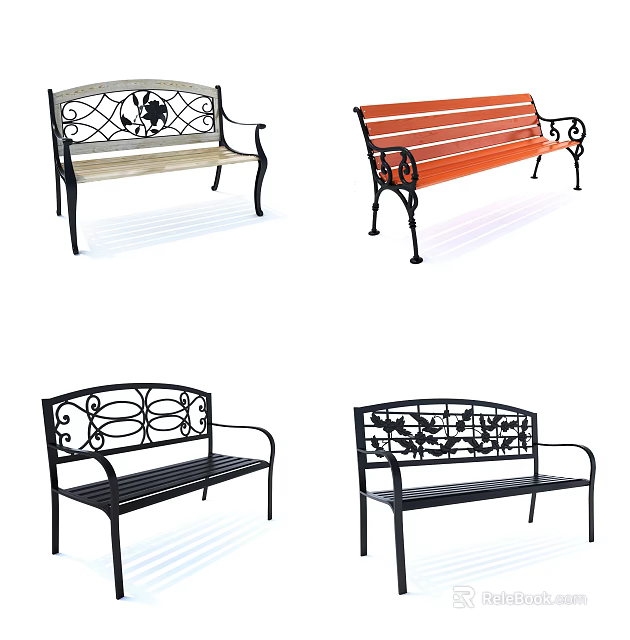 Stylish Outdoor Benches With Iron Frame Wooden Seat And Ornate Backrest Design 3d model 