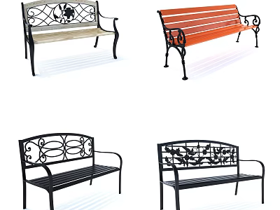 Stylish Outdoor Benches With Iron Frame Wooden Seat And Ornate Backrest Design 3d model