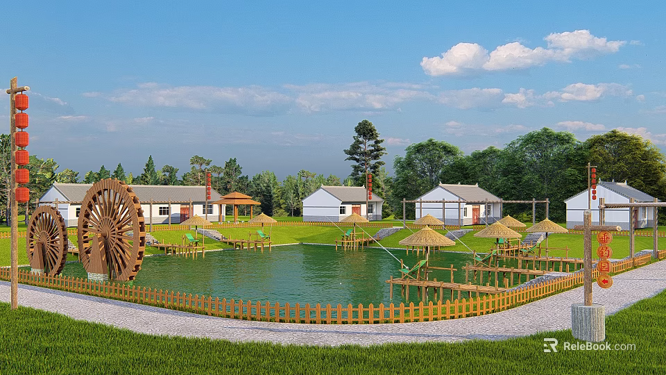 Scenic Garden Landscape With Pond Water Wheel Thatched Umbrellas Cottages And Wooden Fence 3d model 