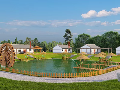 Scenic Garden Landscape With Pond Water Wheel Thatched Umbrellas Cottages And Wooden Fence 3d model