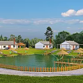 Scenic Garden Landscape With Pond Water Wheel Thatched Umbrellas Cottages And Wooden Fence