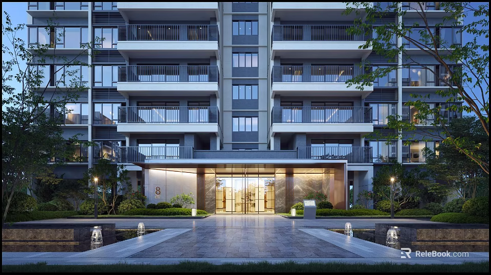 Modern Residential Building Entrance Gate With Glass Doors Illuminated Pathway And Landscaped Greenery 3d model 