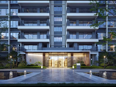 Modern Residential Building Entrance Gate With Glass Doors Illuminated Pathway And Landscaped Greenery 3d model