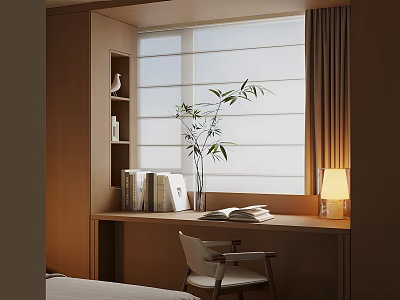 Minimalist Bay Window Interior With Wooden Desk Books Photo Frame Bamboo Plant And Table Lamp 3d model