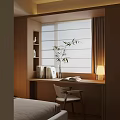 Minimalist Bay Window Interior With Wooden Desk Books Photo Frame Bamboo Plant And Table Lamp