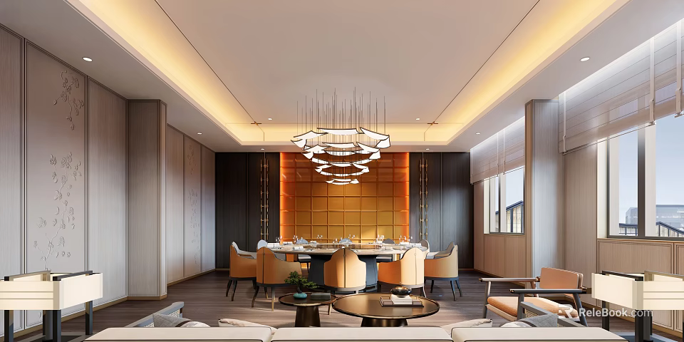 Luxurious Modern Private Dining Room Interior With Hanging Chandeliers Dining Table And Comfortable Chairs 3d model 