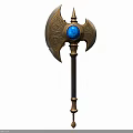 Ornate Golden Battle Axe with Blue Gemstone and Intricate Patterns on Long Handle