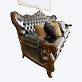 Classic Three Seater Leather Sofa With Carved Wood Armrests Beige Dark Purple Cushions And Vintage Painting