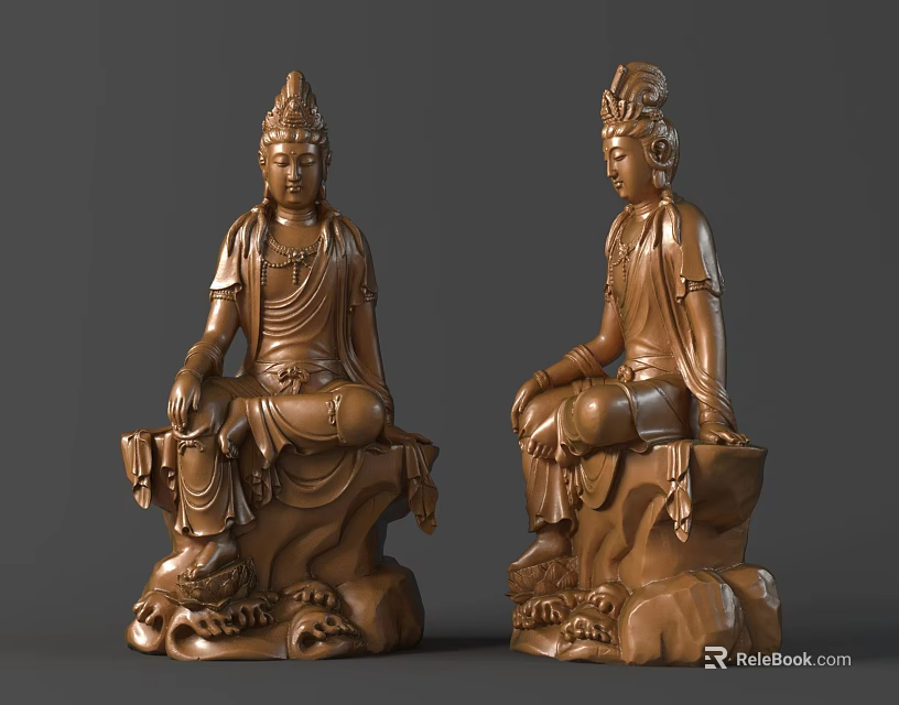 Exquisite Traditional Seated Buddha Sculptures With Intricate Wooden Carving Details And Base 3d model 