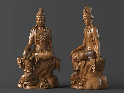 Exquisite Traditional Seated Buddha Sculptures With Intricate Wooden Carving Details And Base 3d model