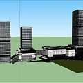 Modern Plaza Landscape with Glass Building Trees Geometric Pavement Umbrella Seating and Pedestrians