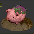 Pink Pig Decorative Ornament With Green Leaves On Brown Stone Base