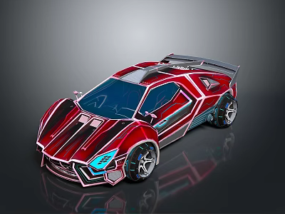 Shiny Red Futuristic Sports Car With Geometric Body Streamlined Shape Blue Headlights And Rear Spoiler 3d model