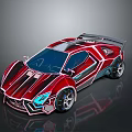 Shiny Red Futuristic Sports Car With Geometric Body Streamlined Shape Blue Headlights And Rear Spoiler