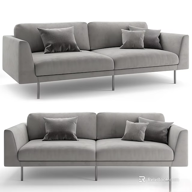Grey Two Seater Sofa With Velvet Upholstery Decorative Pillows And Metal Legs 3d model 
