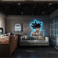 Anime Themed Room Interior Design With Starry Ceiling Neon Character Poster Sofa And Display Cabinet