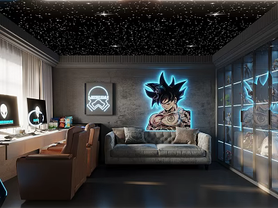 Anime Themed Room Interior Design With Starry Ceiling Neon Character Poster Sofa And Display Cabinet 3d model