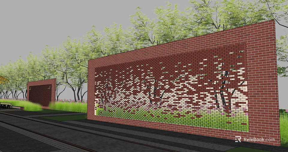 Red Brick Garden Wall With Perforated Tree Patterns And Green Trees Background 3d model