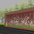Red Brick Garden Wall With Perforated Tree Patterns And Green Trees Background 3d model