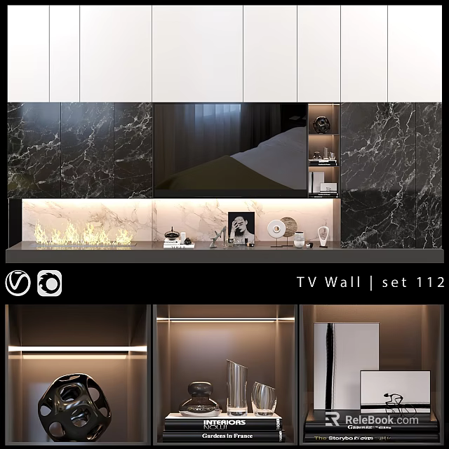 Modern TV Wall Design With Marble Panel LED Lighting And Storage Cabinets 3d model 