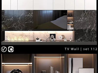 Modern TV Wall Design With Marble Panel LED Lighting And Storage Cabinets 3d model