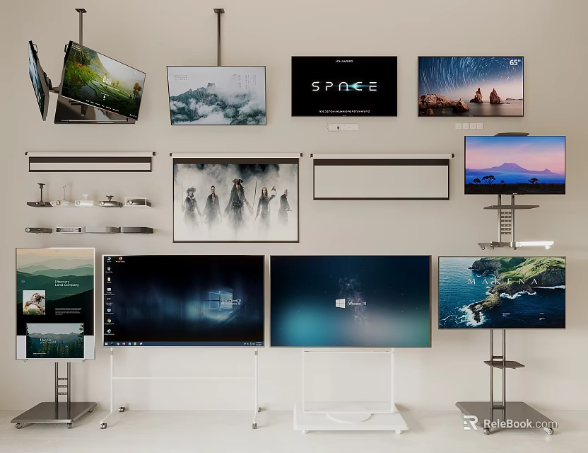 Various Style Televisions Wall Mounted and Stand Mounted Displaying Scenery Space Theme and Group 3d model