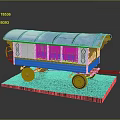 Vintage Model Caravan With Blue Roof Green Pink Stripes And Decorative Patterns On Gravel Base