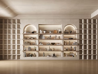 Modern Display Cabinet With Arched Design Multiple Shelves Warm Lighting And Decorative Items 3d model