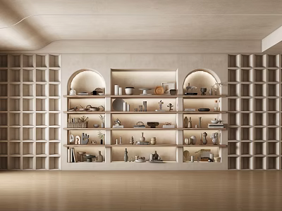 Modern Display Cabinet With Arched Design Multiple Shelves Warm Lighting And Decorative Items 3d model