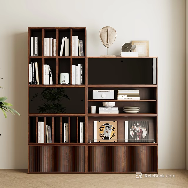 Modern Wooden Bookcase with Slatted Doors Multiple Shelves Books Photo Frames and Decorative Plant 3d model 