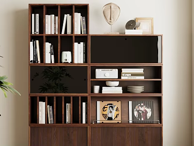 Modern Wooden Bookcase with Slatted Doors Multiple Shelves Books Photo Frames and Decorative Plant 3d model