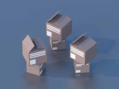 Three Open Brown Cardboard Boxes With White Labels And Flaps 3d model