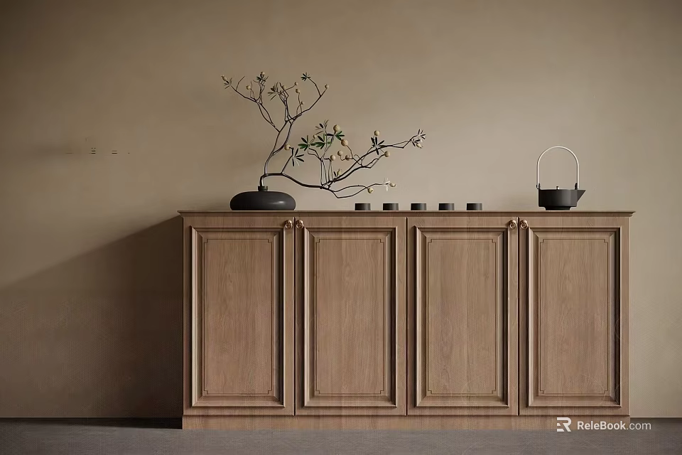 Natural Wooden Sideboard With Black Vase Branches And Teapot On Beige Wall 3d model 
