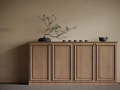 Natural Wooden Sideboard With Black Vase Branches And Teapot On Beige Wall 3d model