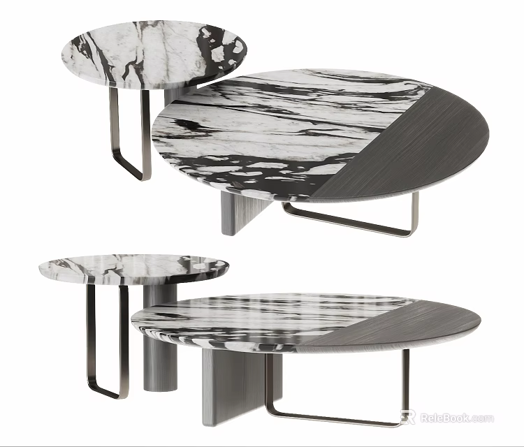 Modern Coffee Table With Marble Top Black White Veins And Metal Legs 3d model 