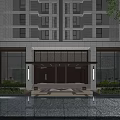 Elegant Modern Main Entrance Gate With Glass Doors Water Pool And Green Plants