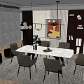 Modern Dining Table Set With Chairs Hanging Lights Herringbone Floor And Decorative Art 3d model